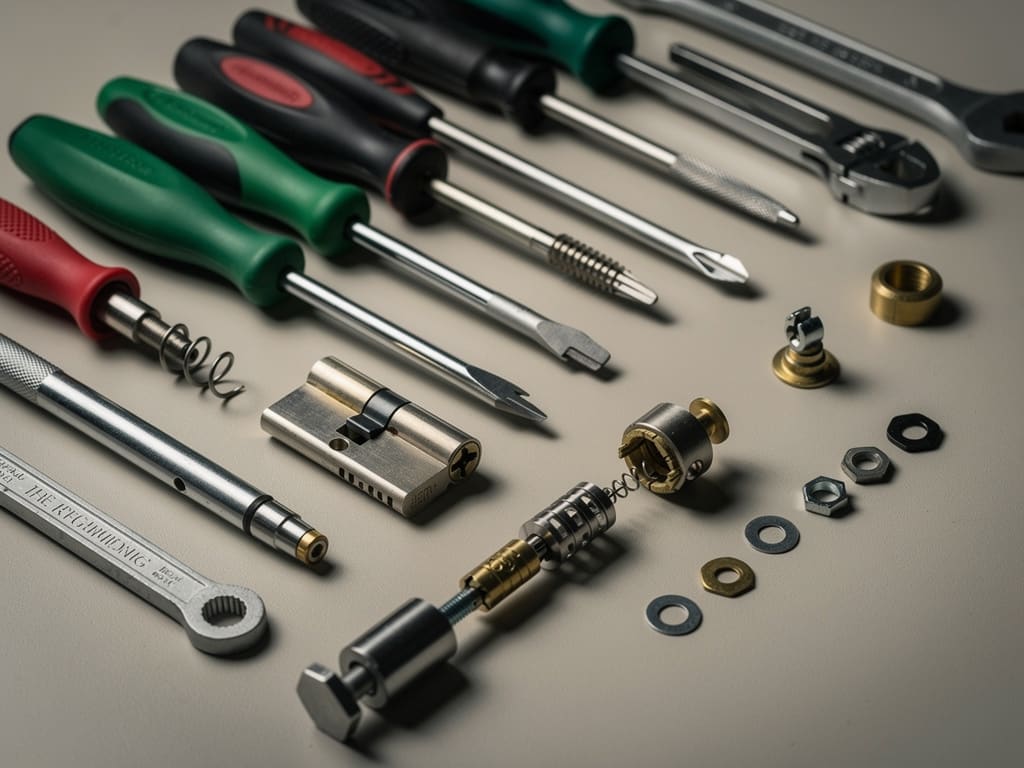 Utensili da fabbro, cilindro europeo e componenti di sicurezza ordinati su un banco